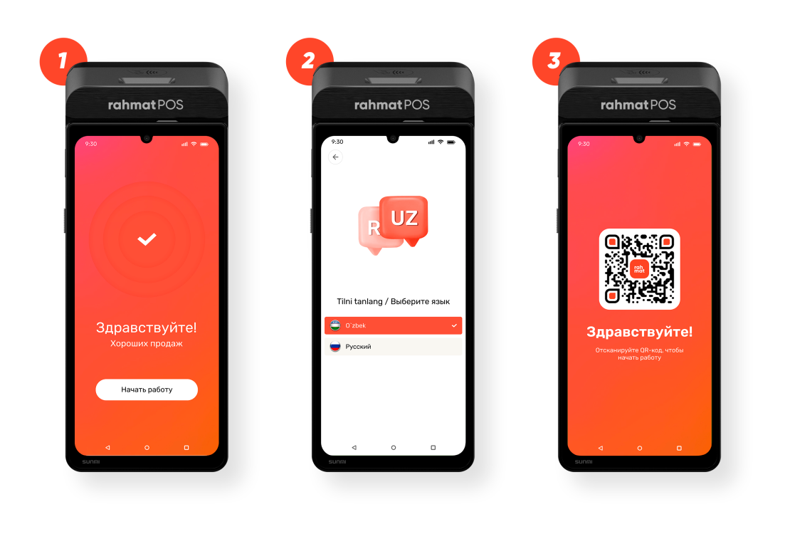 Terminal ekranlari: salomlashish, til tanlash, QR-kod
